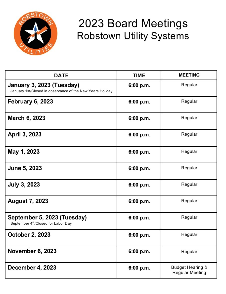 Board Meetings Calendar Robstown Utility Systems