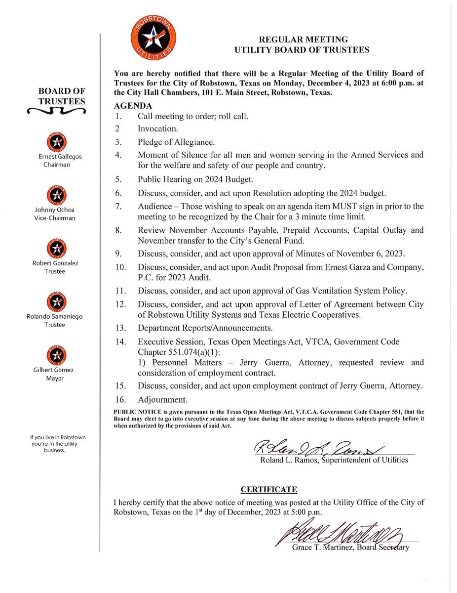 Board Agendas Robstown Utility Systems