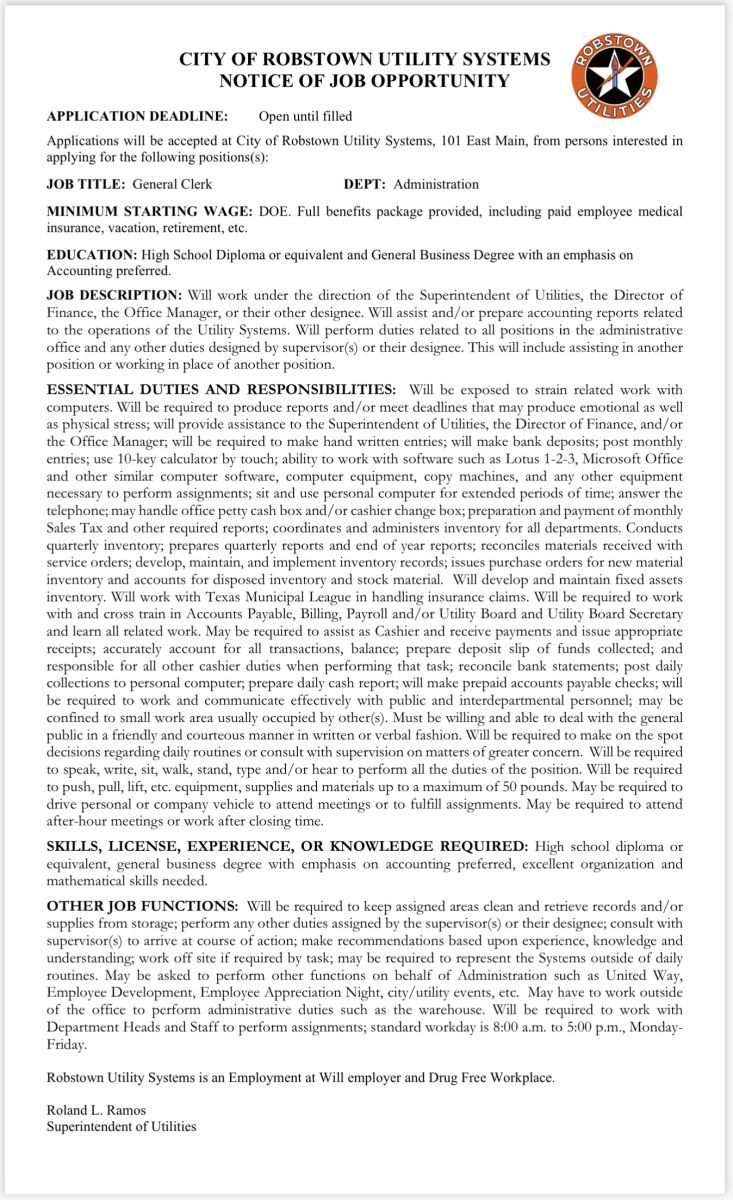 Employment Opportunities Robstown Utility Systems